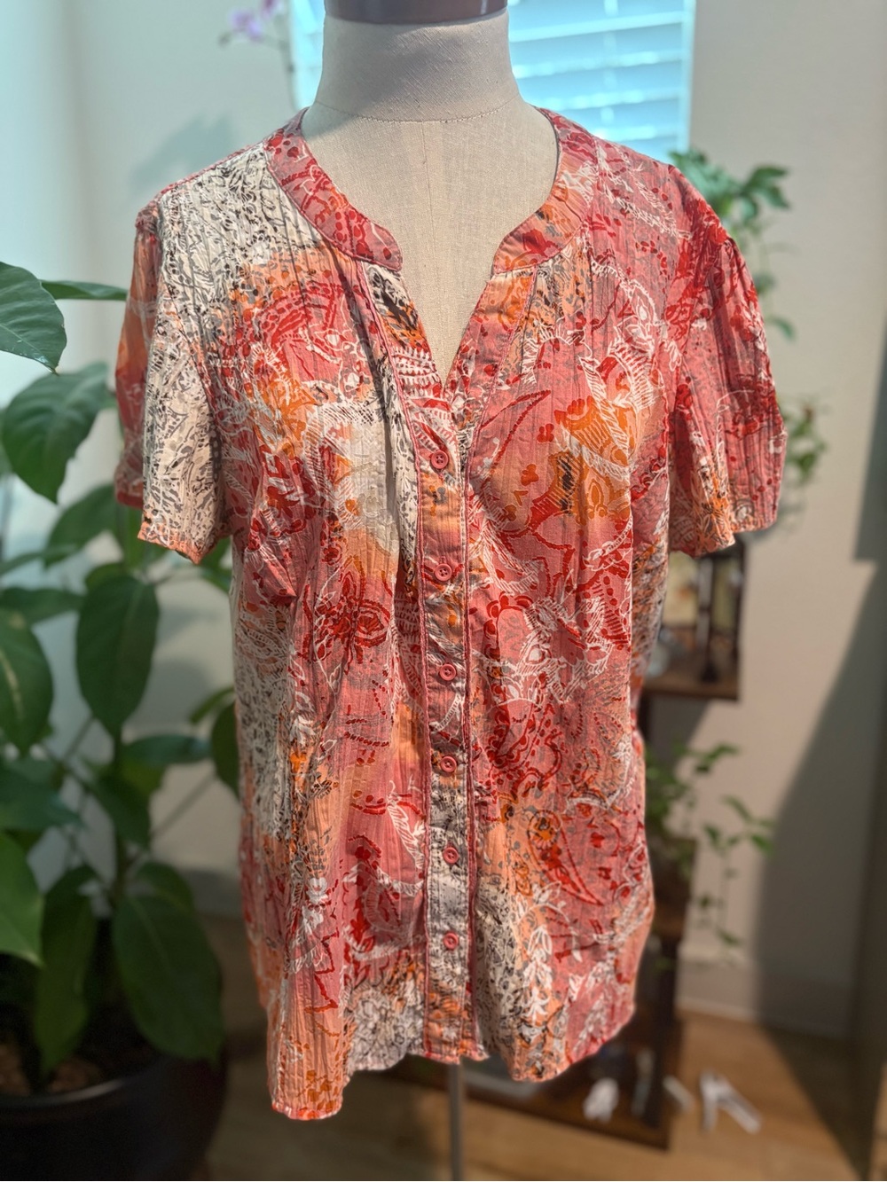 Laura Scott Textured Shades of Coral & Neutrals Button Down Band Collar Shirt